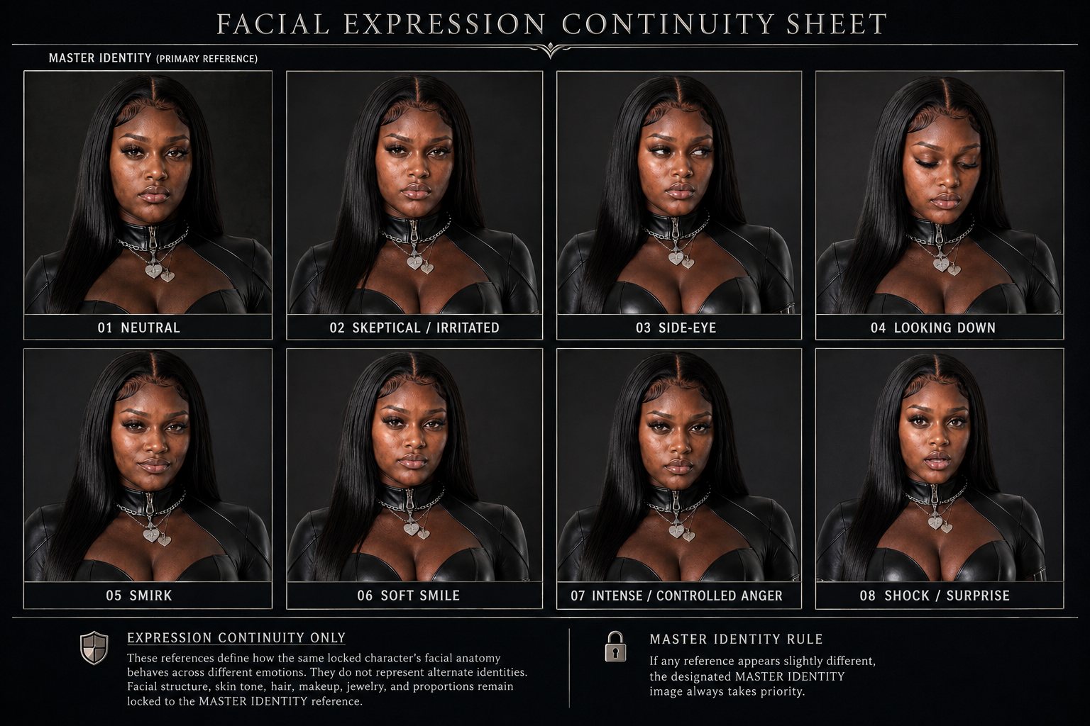 Facial expression continuity sheet for Dess: one locked master identity shown across eight expressions, from neutral to shock