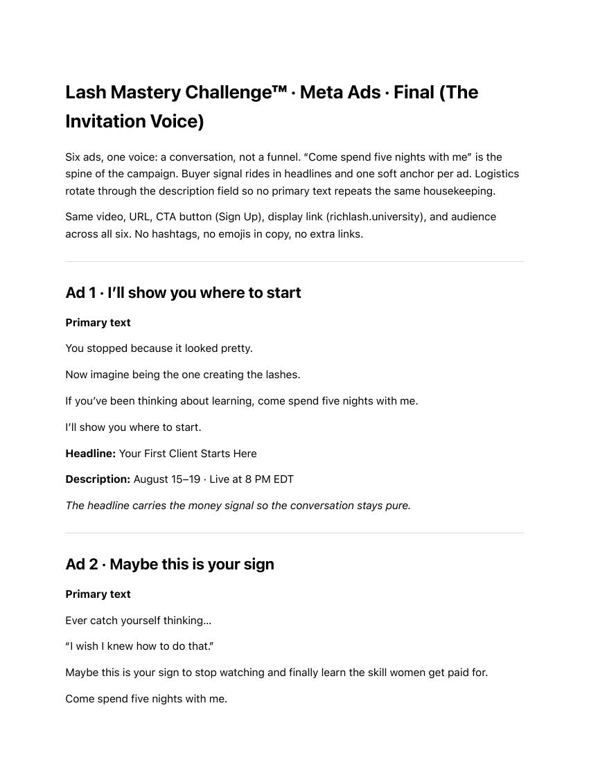 An excerpt of Destyni’s Lash Mastery Challenge Meta ad campaign copy