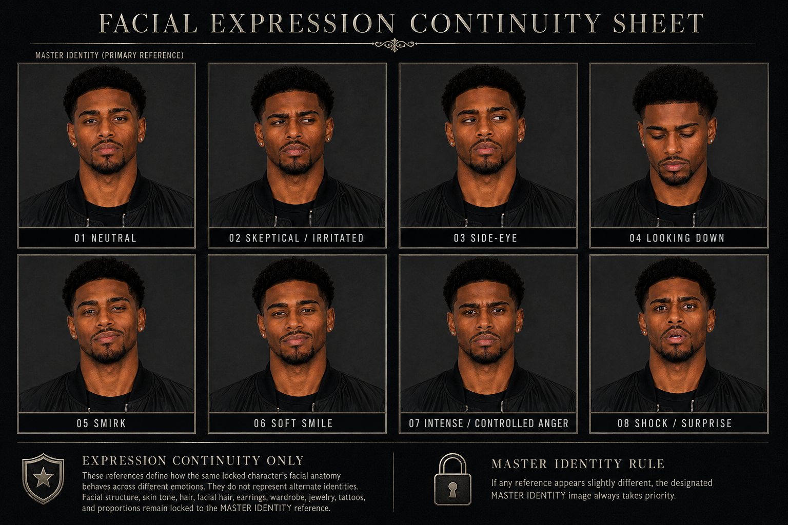 Facial expression continuity sheet for Marcel: one locked master identity shown across eight expressions, from neutral to shock