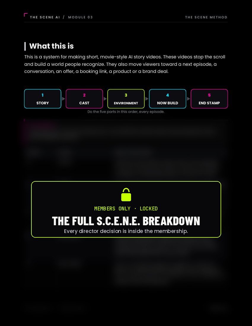 Locked preview of the S.C.E.N.E. Method lesson: the five stage names are visible and the lesson content is blurred for members